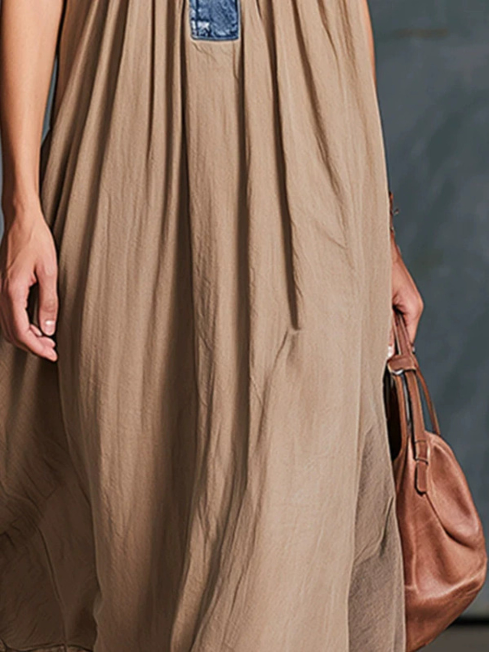 Elegant Urban Blue Denim Patchwork Khaki Long Skirt - Picture 5 of 5
